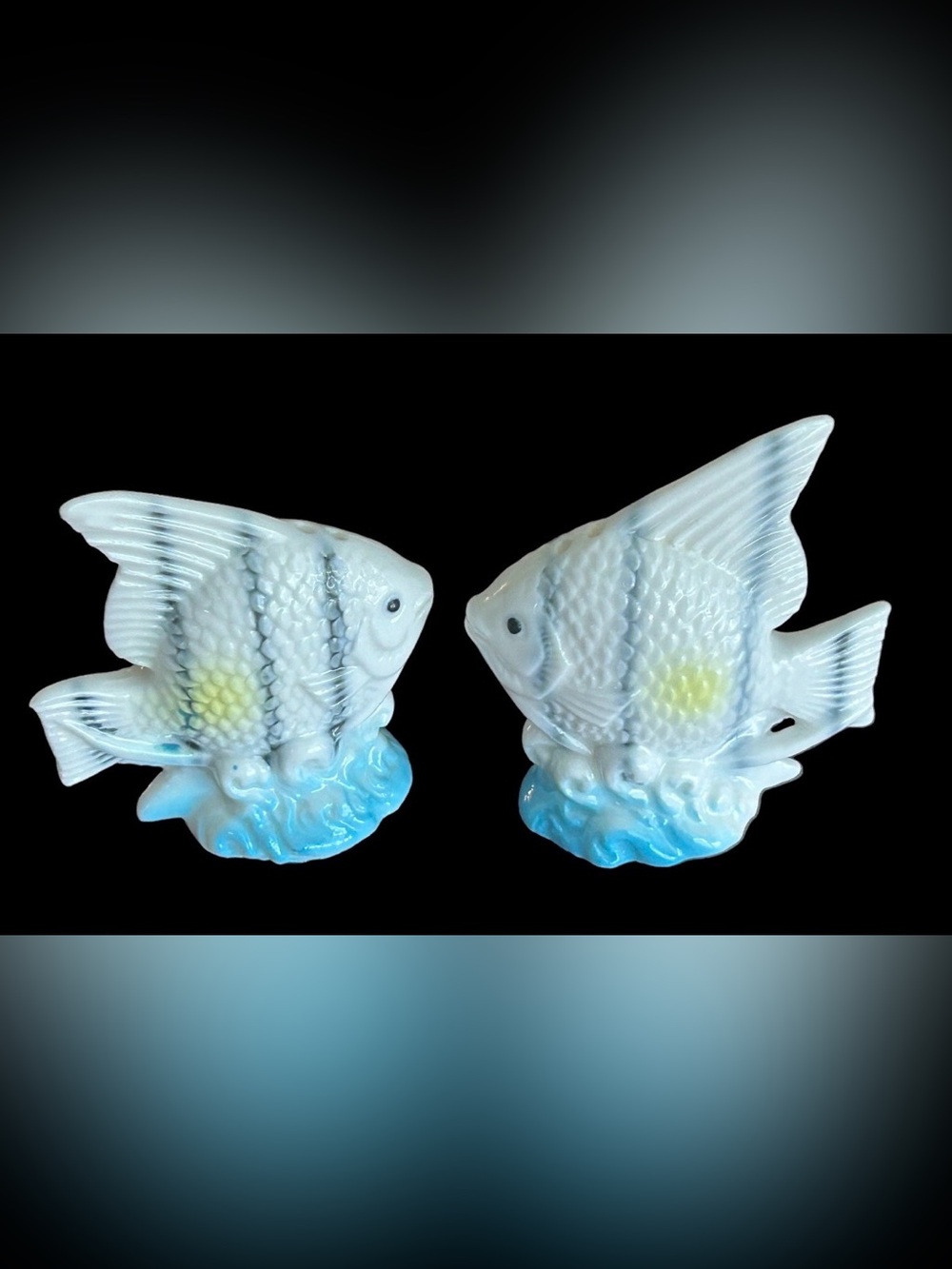 Vintage Angel Fish Salt Pepper Shakers Tropical White Black Stripes Made Japan